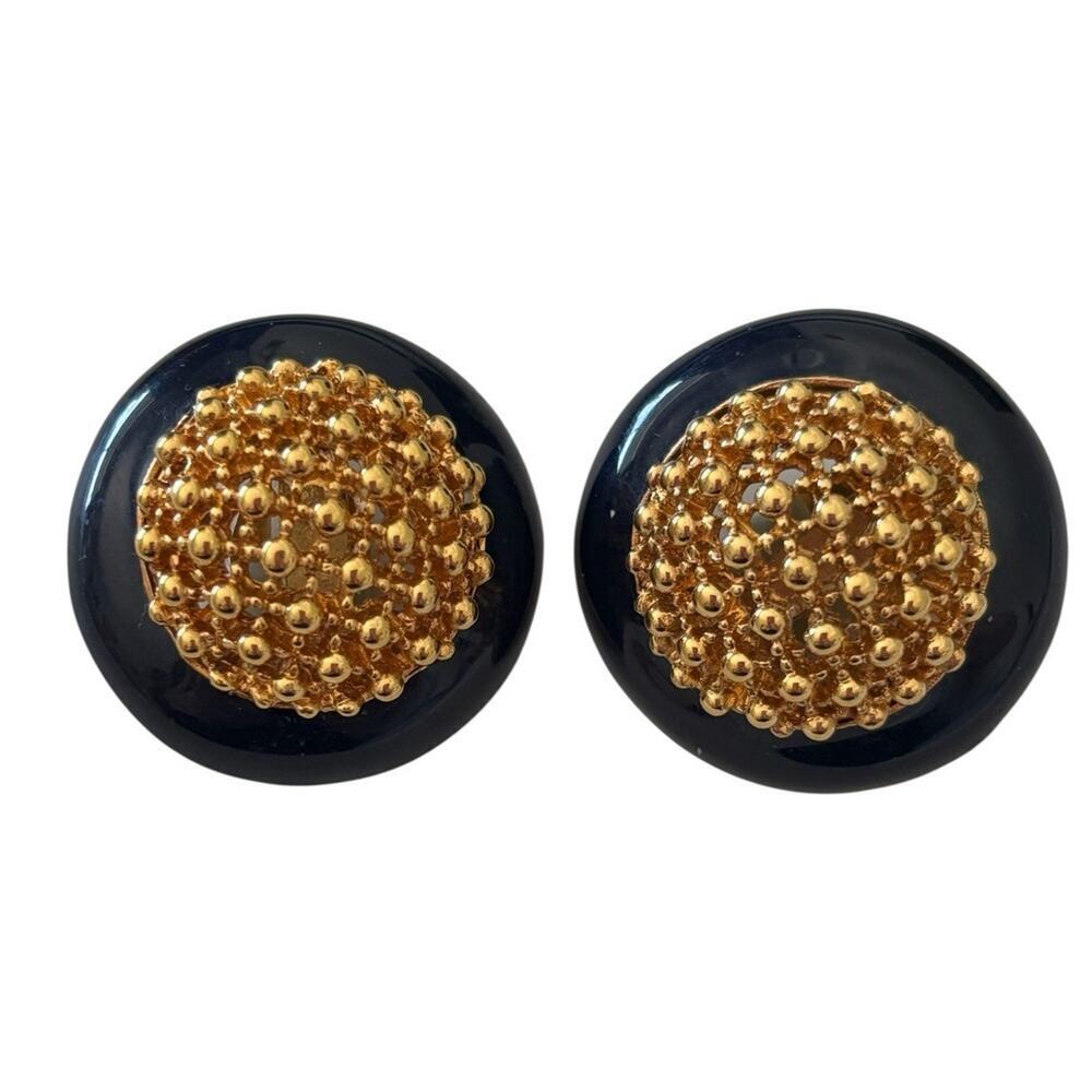 CINER Blue Enamel Gold Plate Dot Weave Dome Clip-On Earrings Vintage Classic